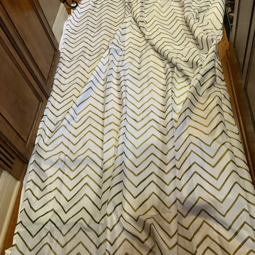 Gold Chevron Patterned Shower Curtain with Liner and Shower Hooks